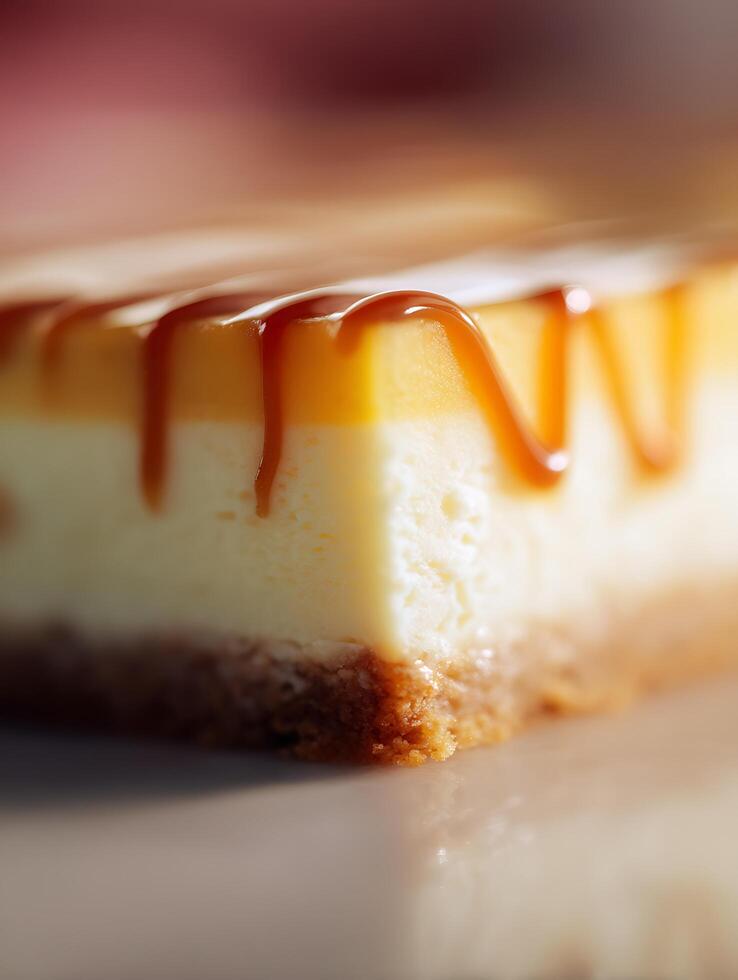 Close Up of Delicious Caramel Cheesecake Slice. A mouthwatering image perfect for food blogs, magazines, and restaurant menus. photo
