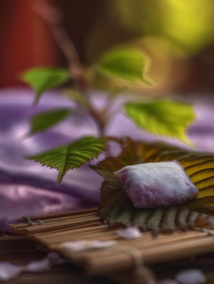 Close Up of Sweet Mochi on a Leaf with Soft Background Lighting. photo