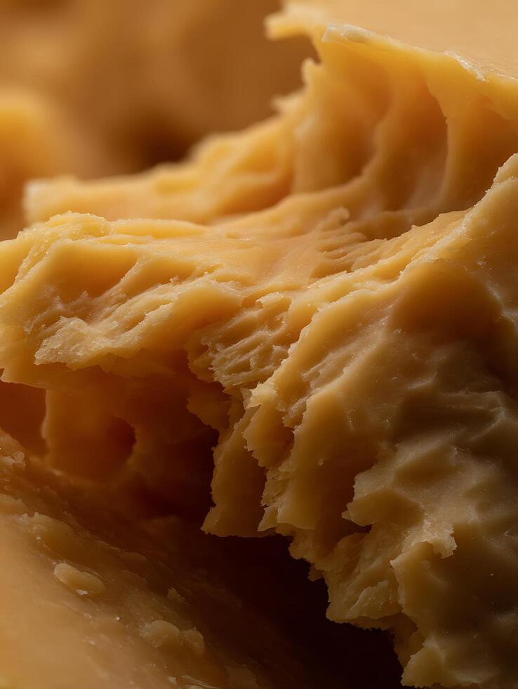 Close Up of Creamy, Textured Cheese Rich Golden Hues and Delicious Details. photo