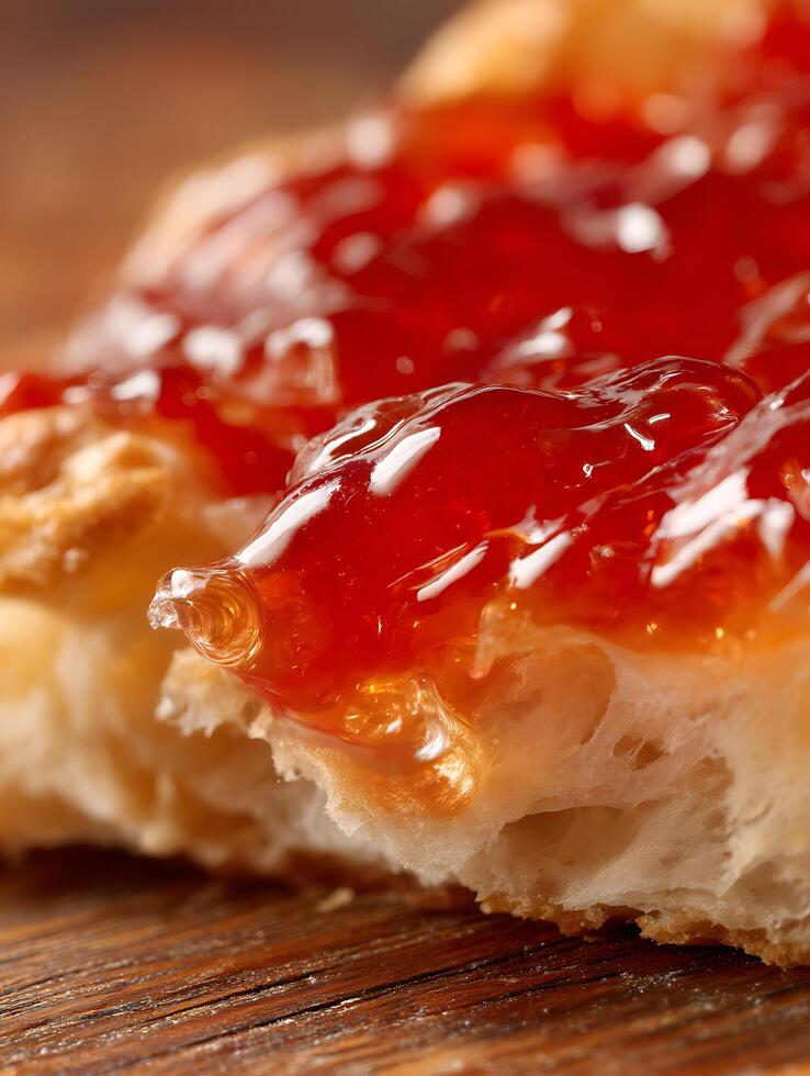 Close up of Red Jelly or Jam on Bread. A Detailed Image of Sweet Treat. photo