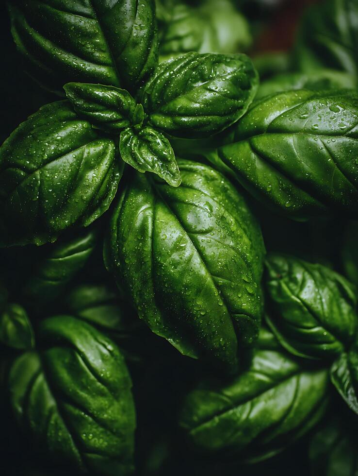Lush Green Basil Leaves with Dew Drops A Close Up Image of Fresh Herbs. photo