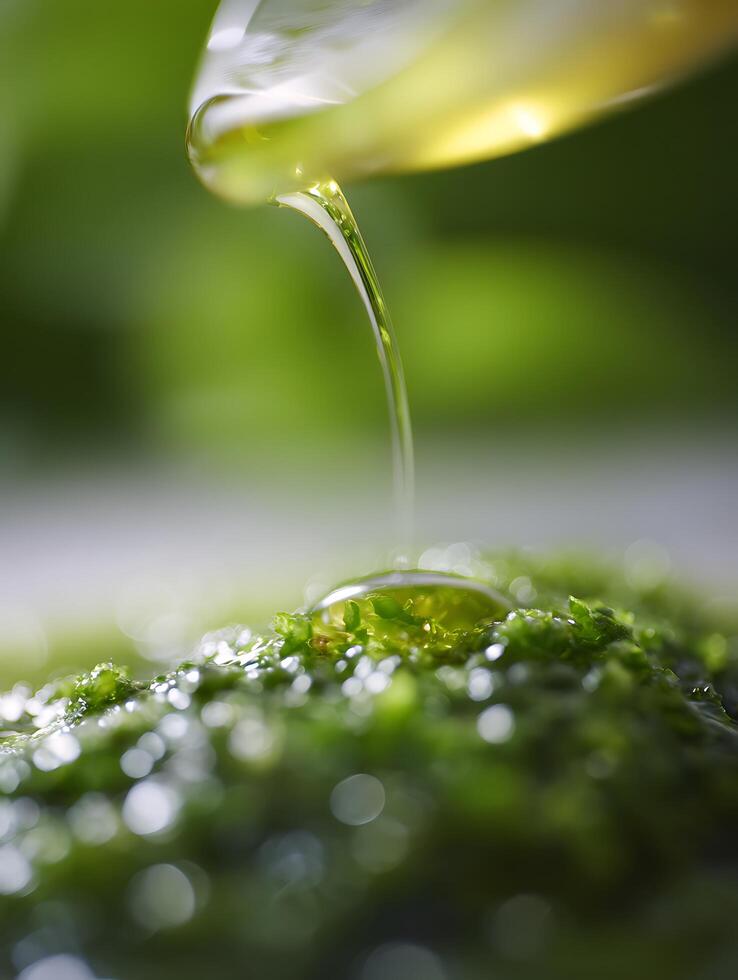 Golden Oil Dripping onto Lush Green Moss Close Up of Nature's Essence. photo