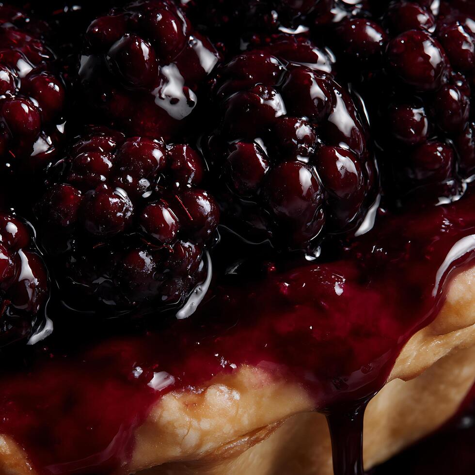 Close up of Blackberry Tart with Glossy Glaze, Dripping Berry Sauce. photo