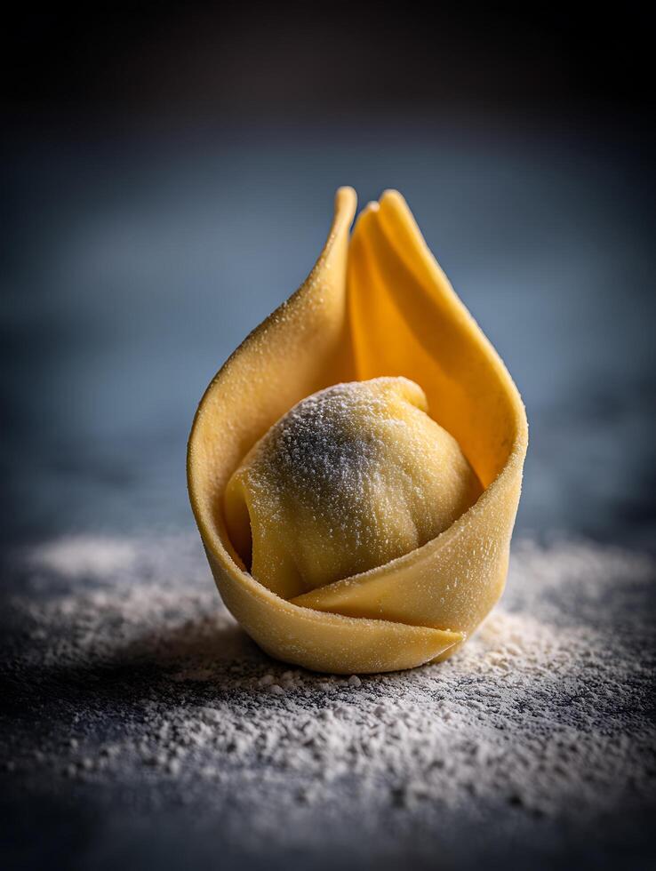 Close up of a single, handcrafted pasta tortellini dusted with flour. photo