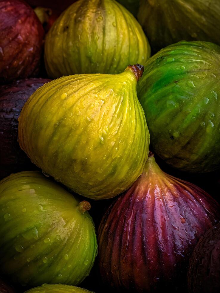Close Up of Fresh Figs with Water Droplets. A vibrant image showcasing the rich colors and textures of ripe figs. photo