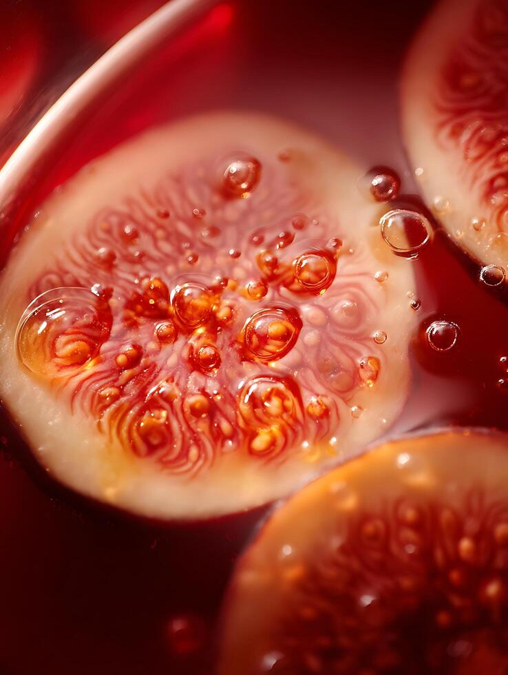 Close Up of Figs Soaked in Red Liquid with Air Bubbles. A Detailed Macro Photograph of Figs Submerged in a Rich, Red Syrup. photo