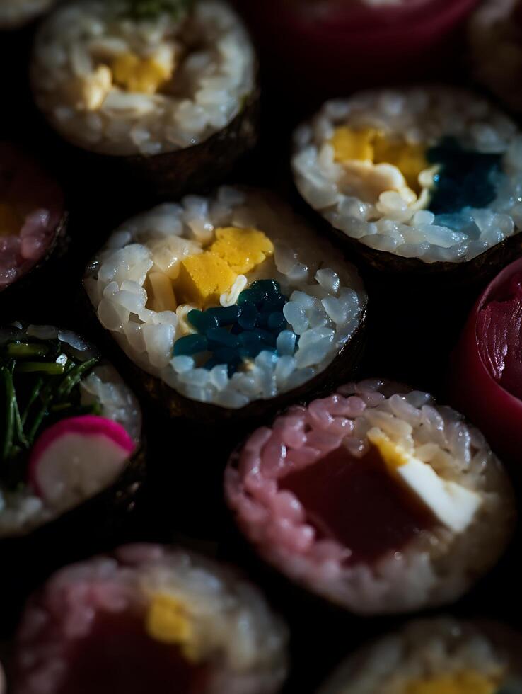 Close Up of Colorful Sushi Rolls, Japanese Cuisine Detail. photo