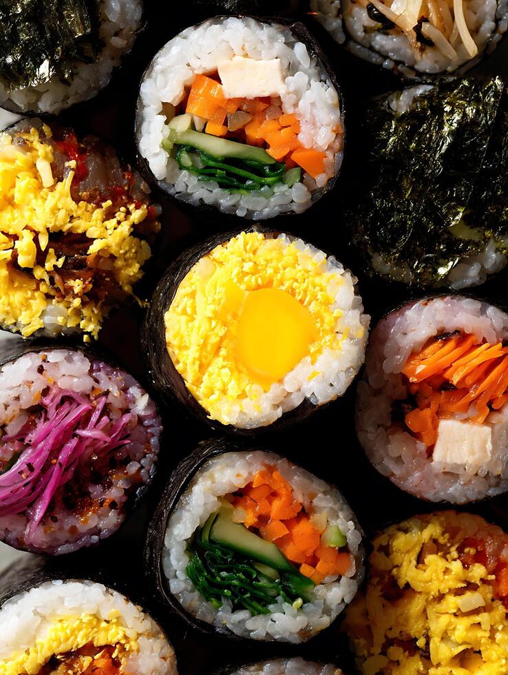 Close Up of Colorful Kimbap Sushi Rolls, Variety of Korean Cuisine. photo