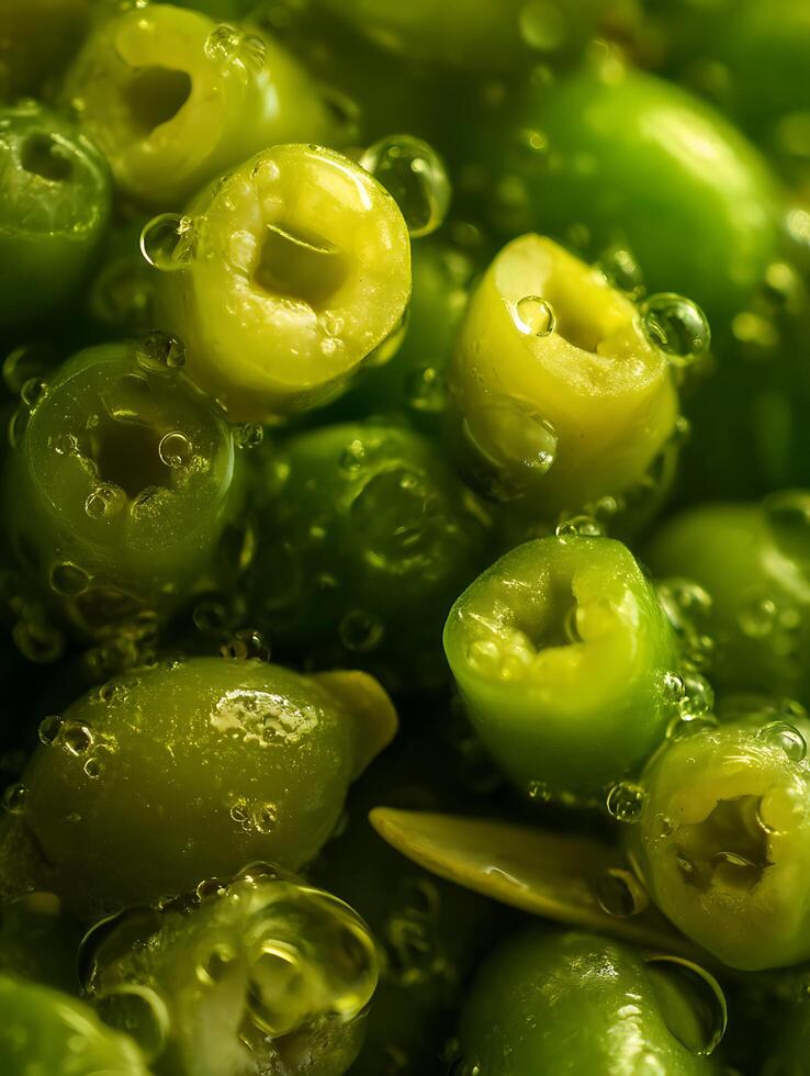 Close Up of Green Olives Submerged in Oil with Air Bubbles. A Detailed Macro Photograph of Fresh Olives. photo
