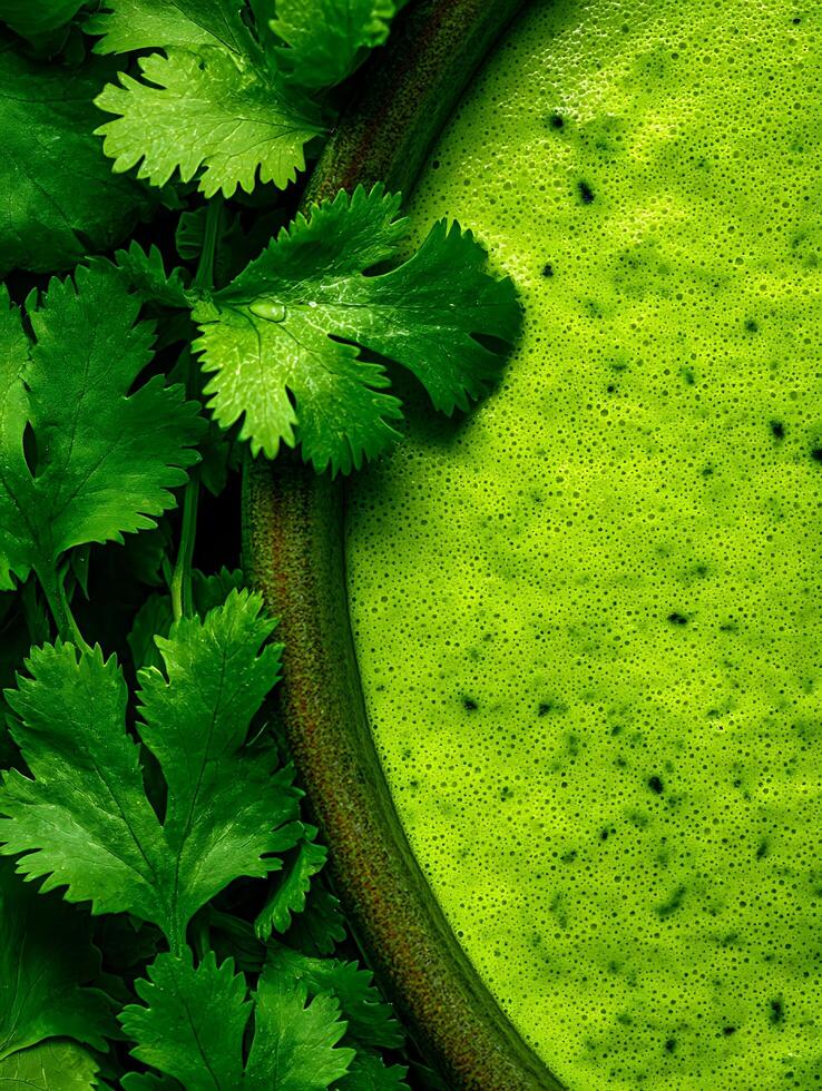 Fresh Cilantro and Vibrant Green Sauce Close Up. A detailed image showcasing the texture and color of a bright green sauce beside fresh cilantro leaves. photo