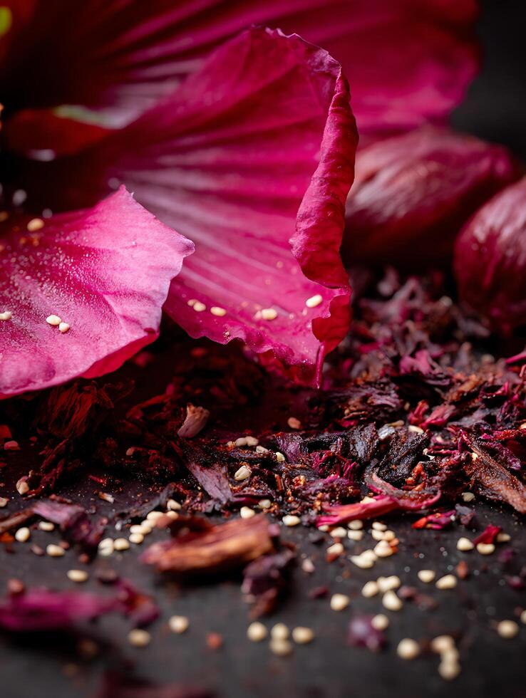 Close Up of Dried Hibiscus Flowers and Seeds. A detailed macro photograph showcasing the vibrant texture and color of dried hibiscus petals and scattered seeds. photo