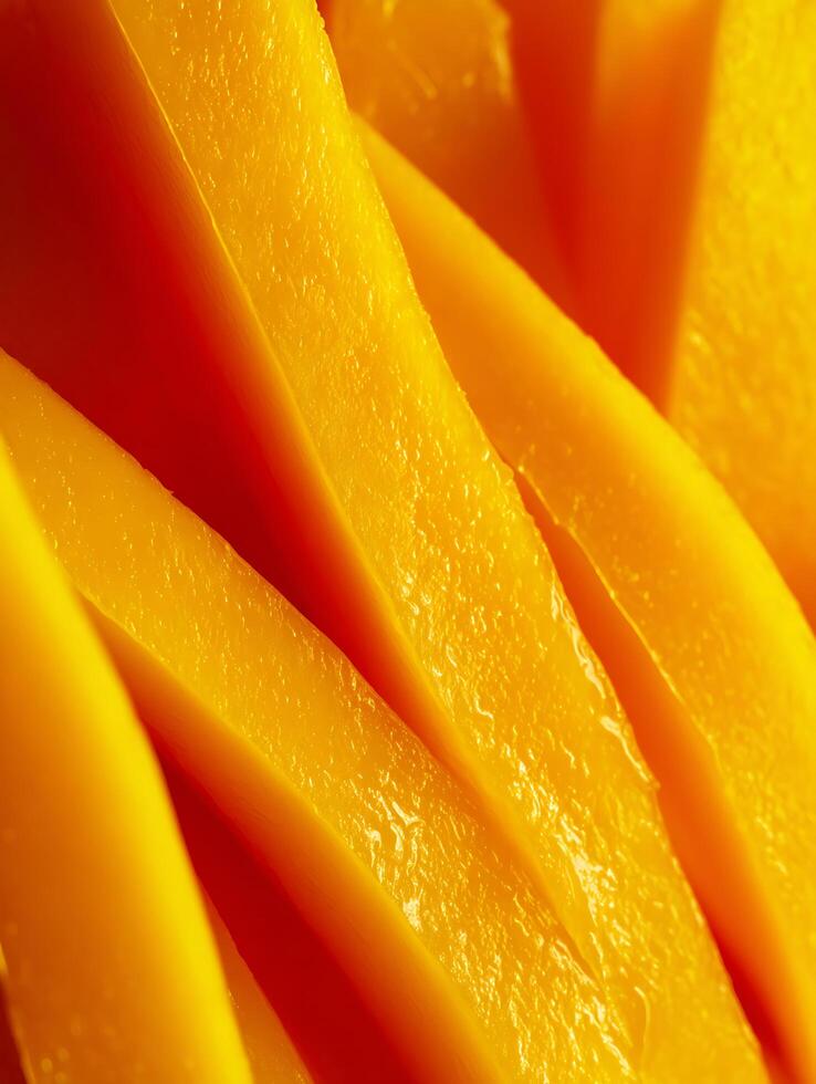 Close up of vibrant yellow mango slices, showcasing juicy texture and rich color. photo