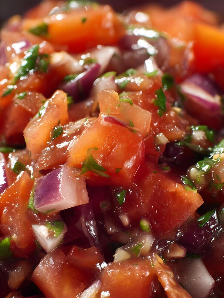 Close up of Fresh Tomato Salsa, vibrant red diced tomatoes and red onions. photo