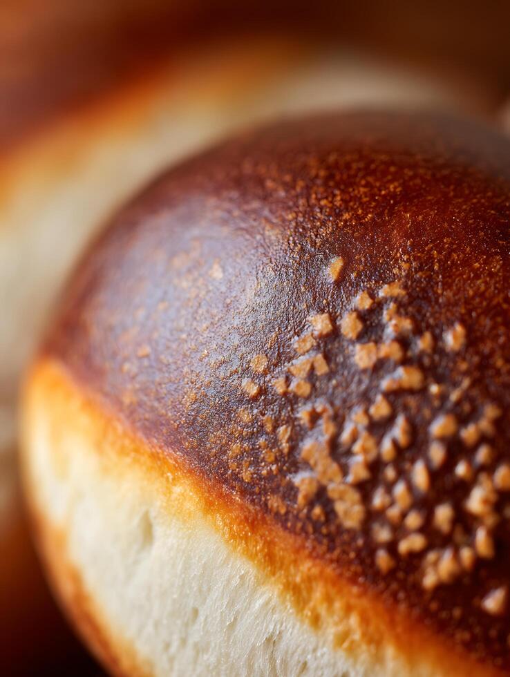 Close up of a golden brown baked bun, showing delicious texture and detail. photo