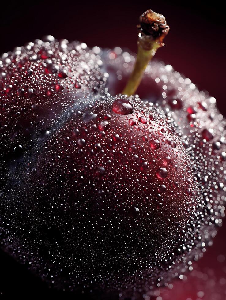 Close up of a single plum covered in water droplets, vibrant red tones. photo