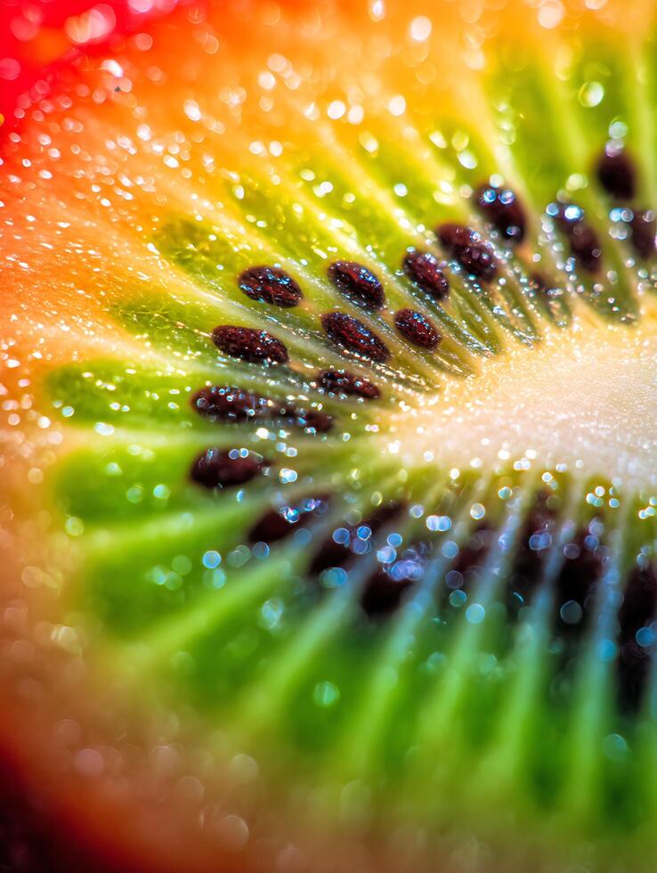 A vibrant close up of a glistening kiwi fruit slice, showcasing its texture and color. photo