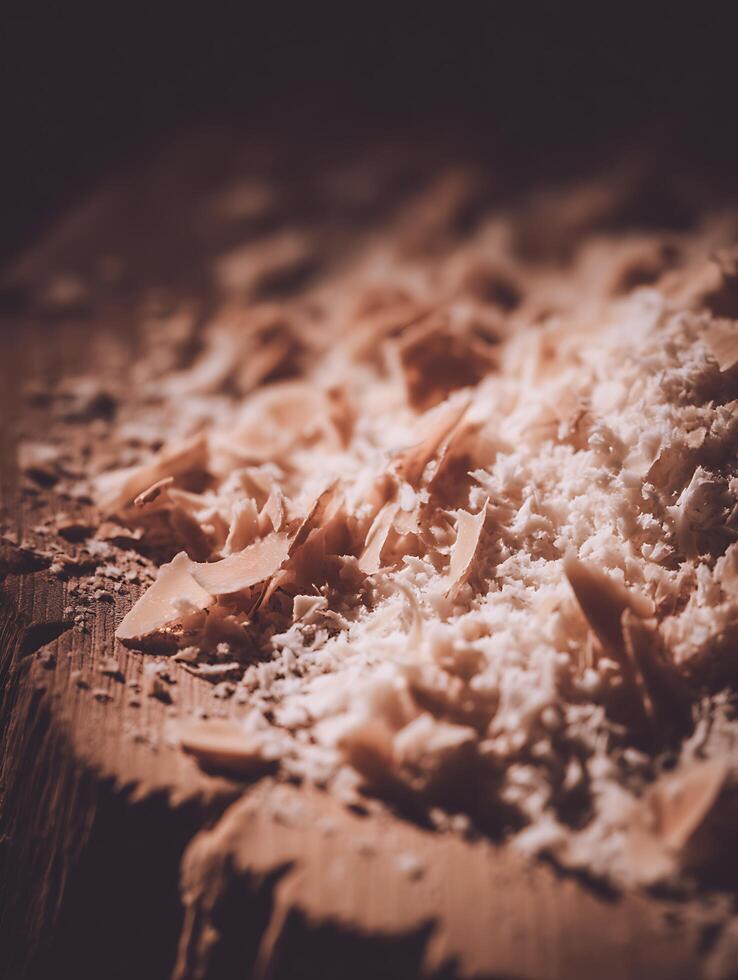 Close Up of Shredded Coconut and Almond Pieces on a Wooden Surface. photo