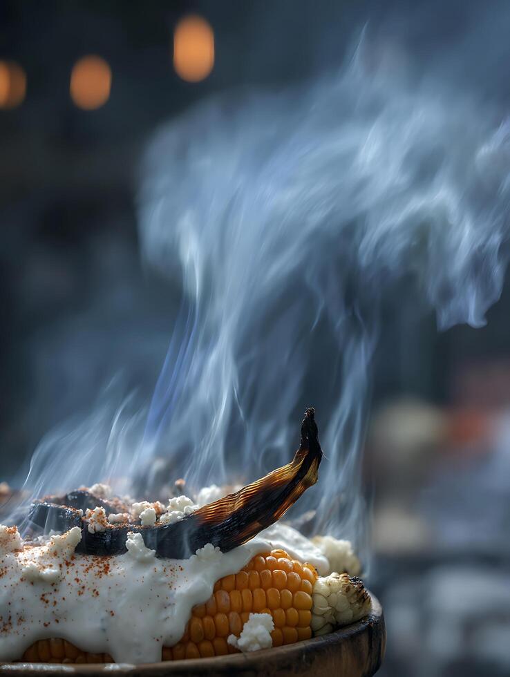 Smoky Grilled Corn with Creamy Sauce and Charred Peppers. A close up image of delicious grilled corn on the cob, topped with a creamy sauce, charred peppers, and spices. photo