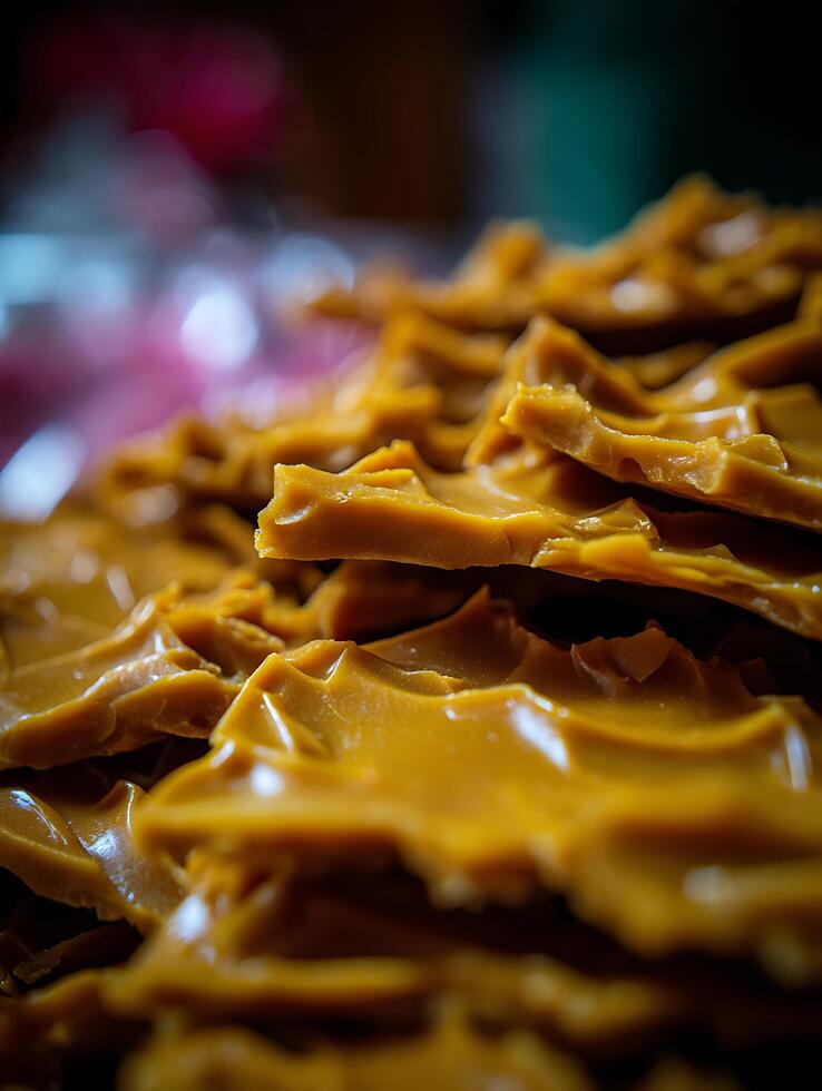 Close Up of Golden Brown Brittle Candy Pieces. A Detailed Macro Photograph of Sweet Treats. photo