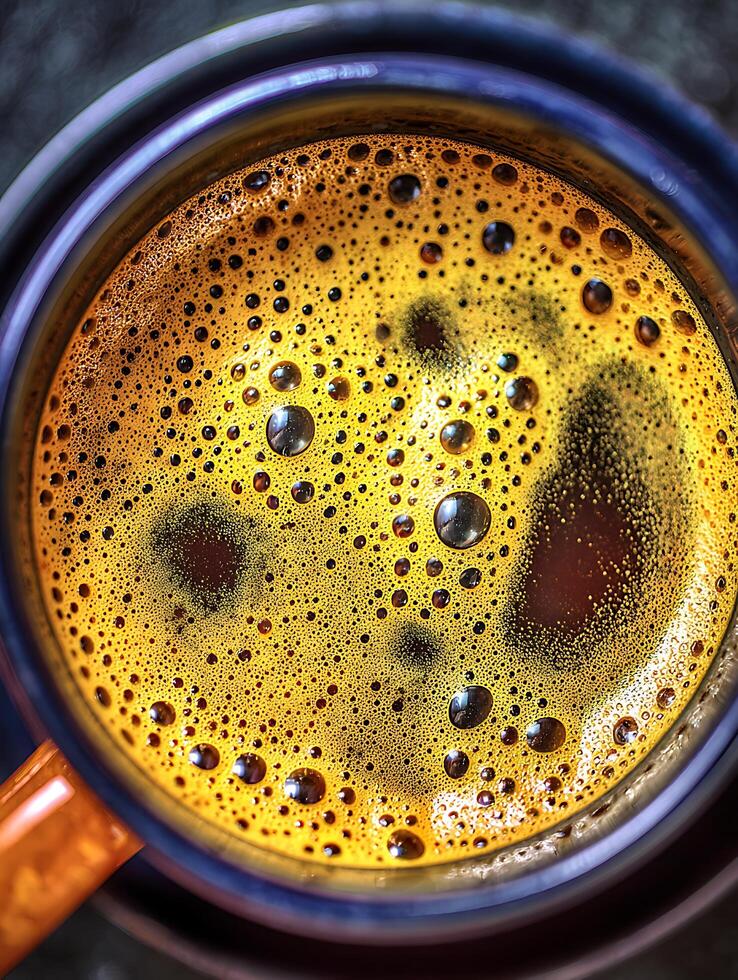 Close Up of Coffee Crema A Detailed Macro Photograph of Espresso Bubbles. photo