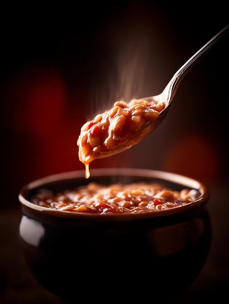 Close up of a spoon lifting steaming baked beans from a bowl. photo