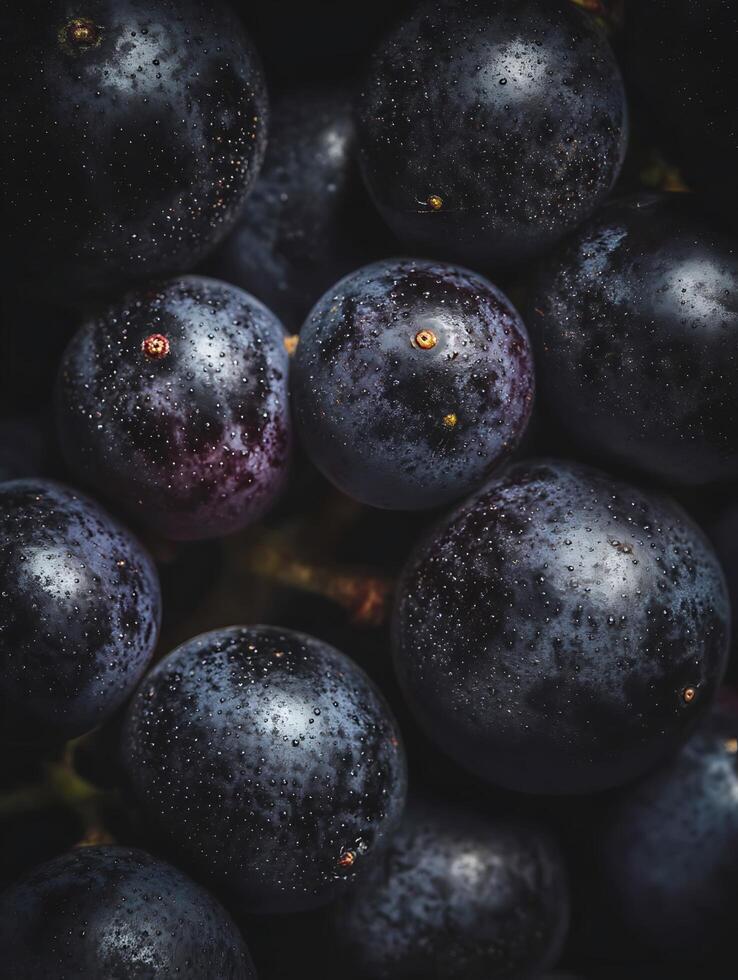 Close Up of Dark Grapes with Water Droplets. A Detailed Image of Juicy, Ripe Fruit. photo