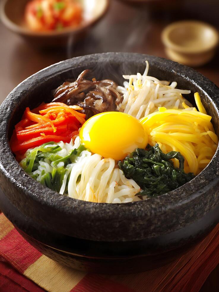 Steaming Hot Bibimbap in a Stone Bowl A Close Up of Korean Cuisine. photo