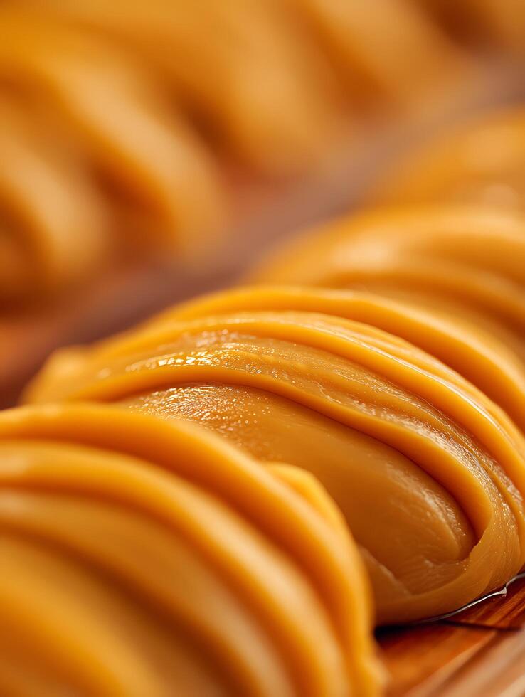 Close Up of Creamy Caramel Texture, Rich Golden Brown Color. photo
