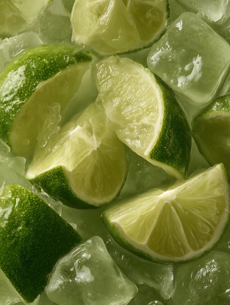 Close Up of Lime Slices in Ice Cubes, Refreshing Summer Texture. photo