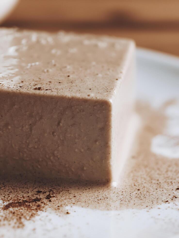 Close up of Creamy Beige Dessert Cube with Cinnamon Sprinkle. photo