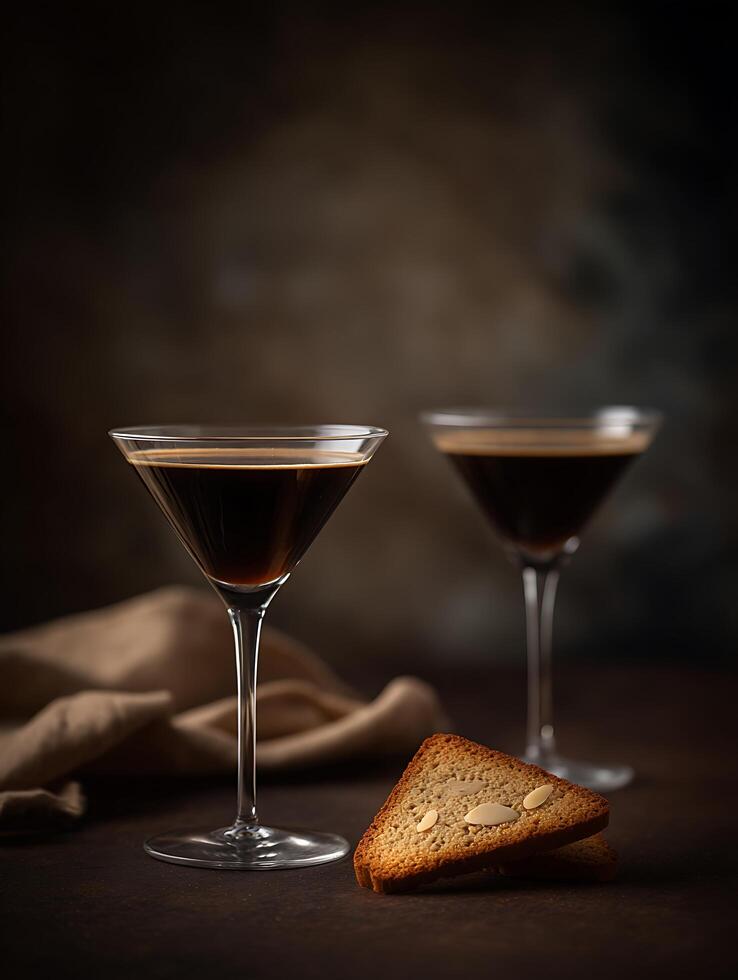 Espresso Martini Cocktails with Almond Biscotti A Dark and Delicious Drink. photo