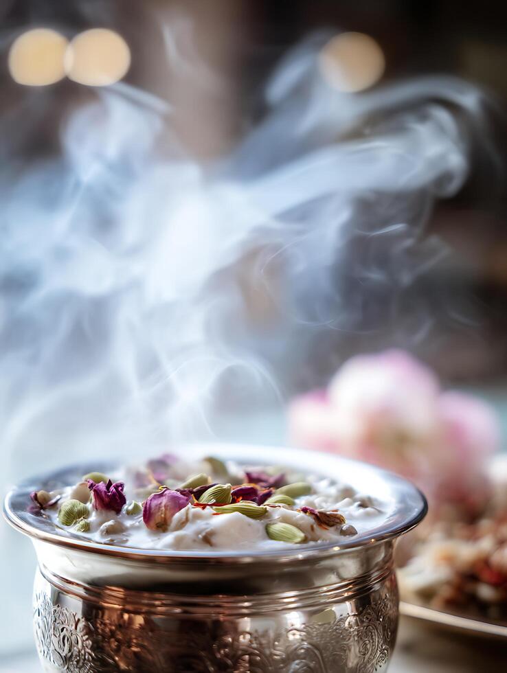 Aromatic Dessert in Ornate Bowl with Steam Rising. photo