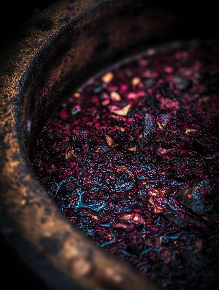Close Up of Dark Red and Purple Mixture in a Rustic Bowl. A detailed image showcasing the texture and color of a mysterious substance. photo
