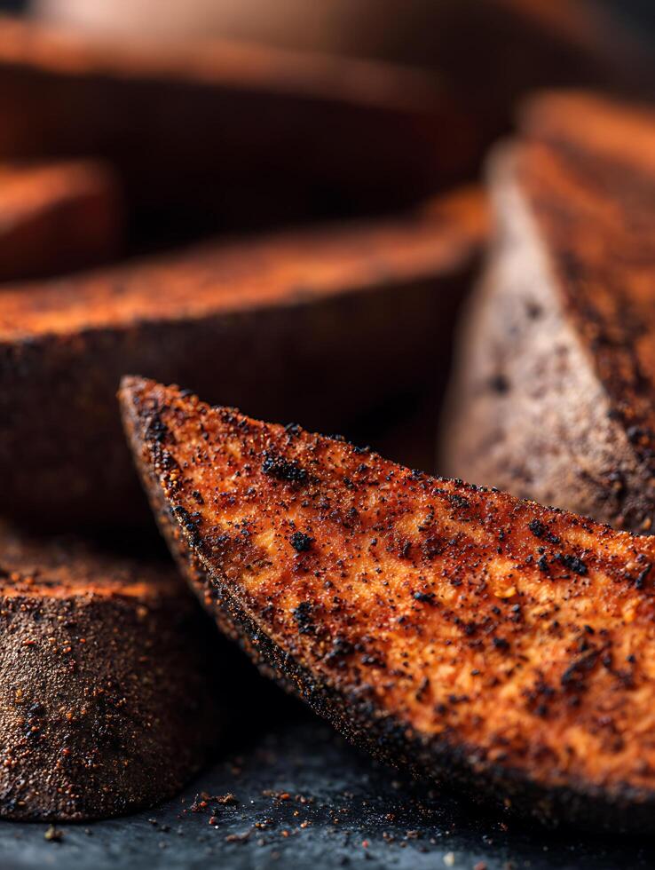 Close Up of Seasoned Roasted Sweet Potato Wedges. A detailed image showcasing the texture and flavor of perfectly cooked sweet potatoes. photo
