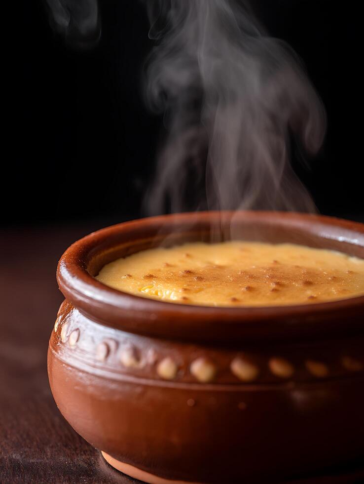 Steaming Bowl of Creamy Caramel Custard Dessert. photo