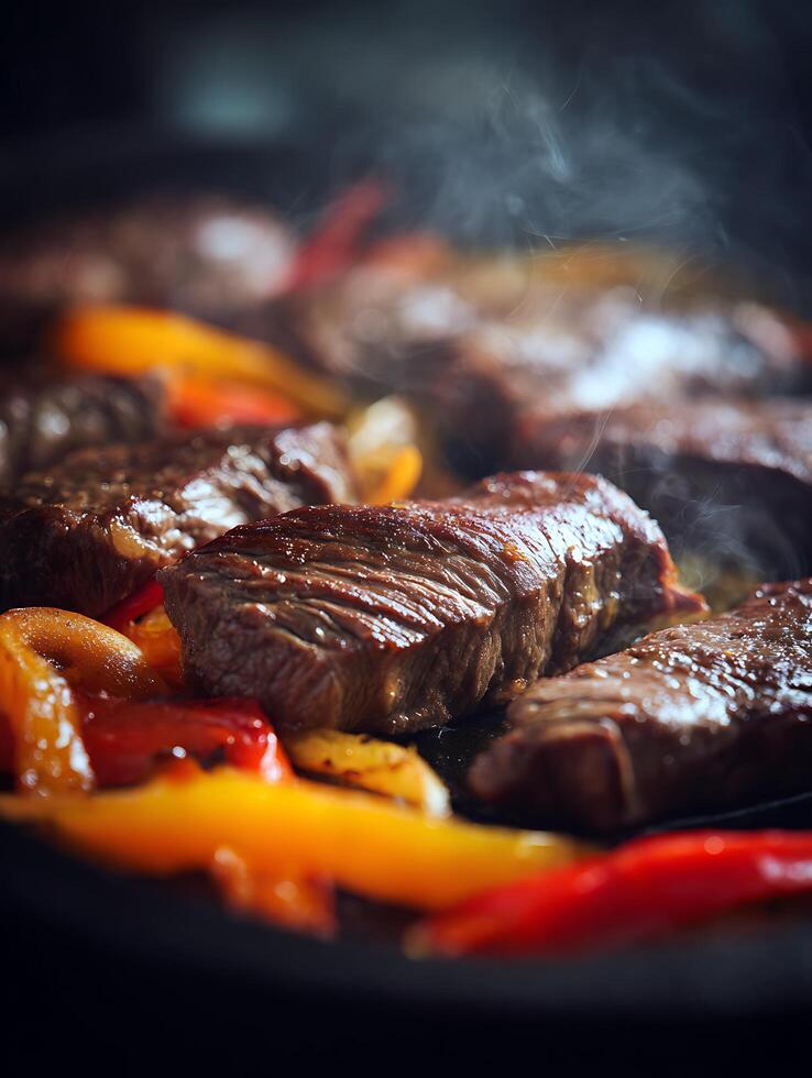 Close Up of Sizzling Steak and Peppers. A delicious image perfect for menus, cookbooks, or culinary websites. photo