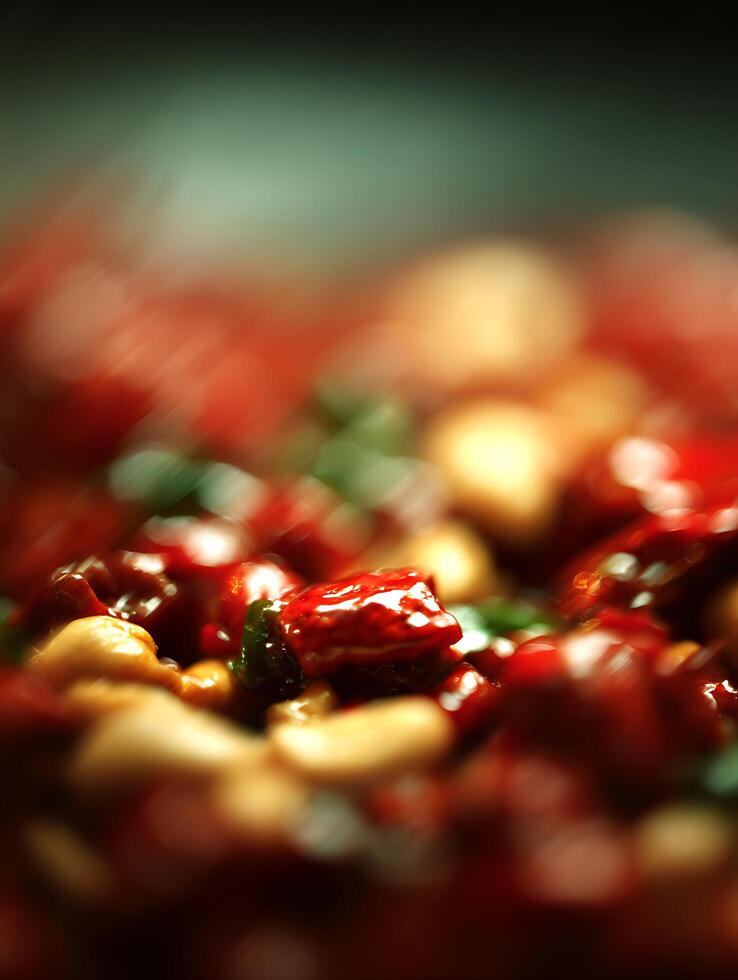 Close up of Delicious Chinese Food, Cashews and Red Sauce. photo