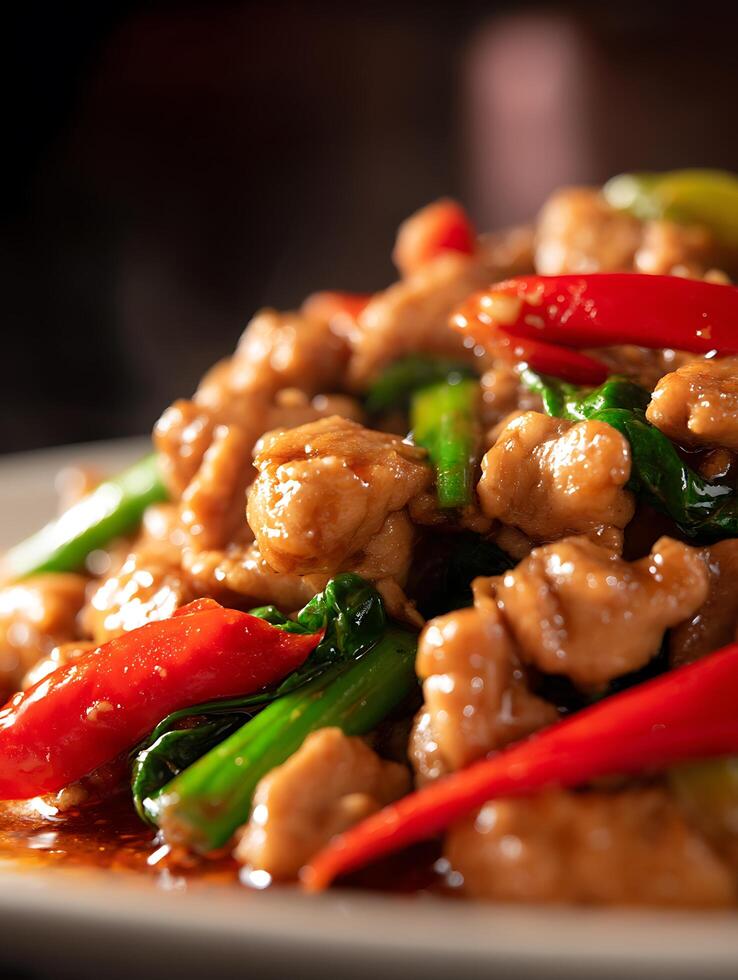 Close Up of Delicious Stir Fried Chicken with Chili and Bok Choy. photo