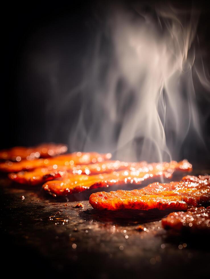 Close Up of Crispy Bacon Sizzling on a Griddle, Steam Rising. photo