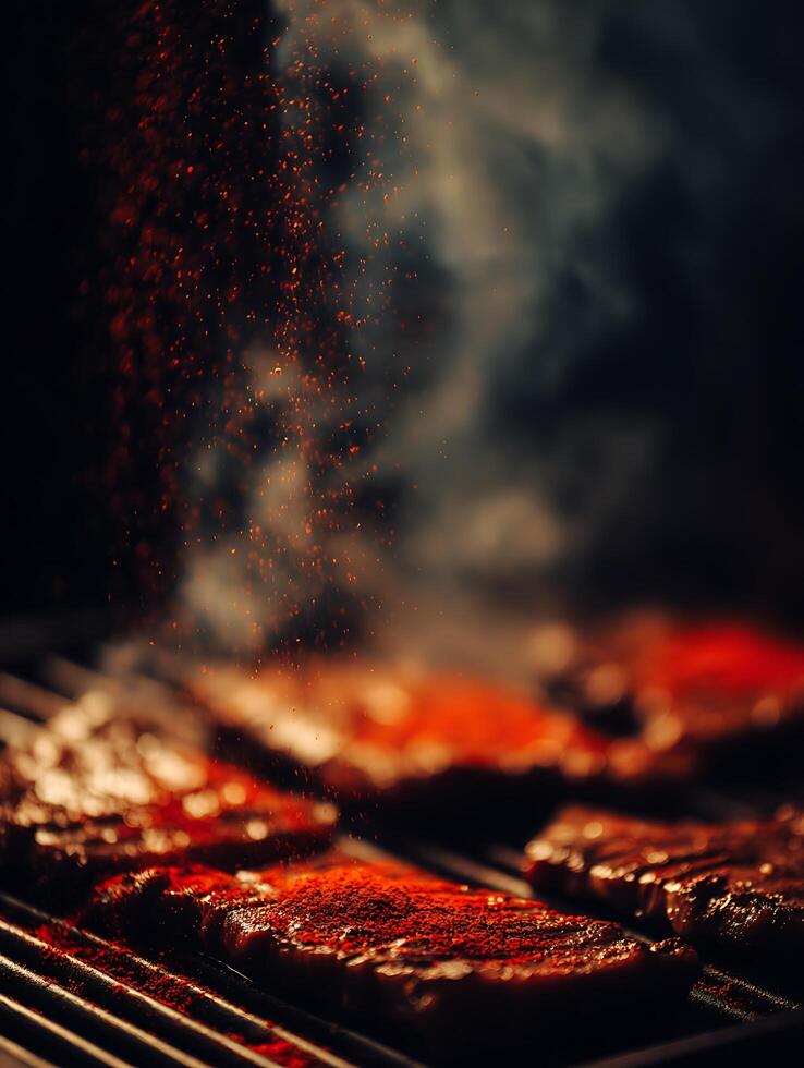 Delicious Steaks Grilling with Spices, Close Up Shot. photo