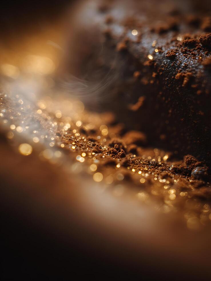 Golden Hour Sparkle Abstract Close Up of Coffee Grounds. photo