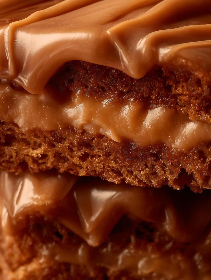 Close up of Delicious Caramel Cake Layers, Rich Brown Glaze. photo