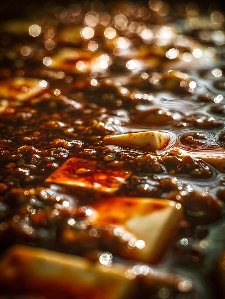 Close up of Mapo Tofu, a Spicy Sichuan Dish. The image showcases the texture and rich sauce of the dish. photo