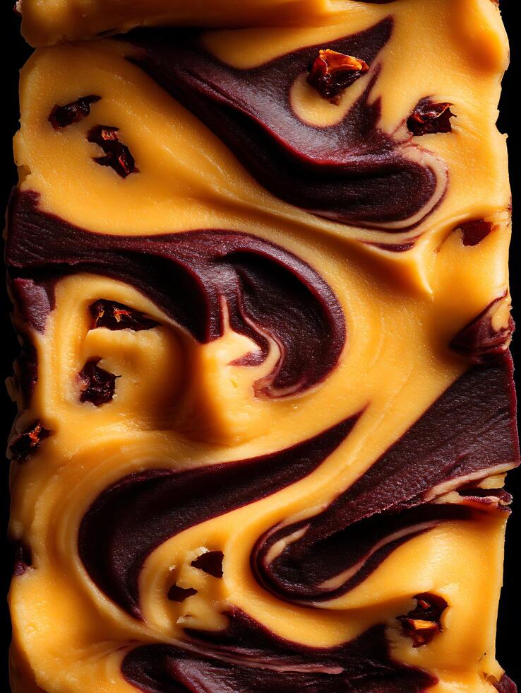Close up of Swirled Caramel and Chocolate Fudge Candy. A detailed image showcasing the texture and color of gourmet fudge. photo