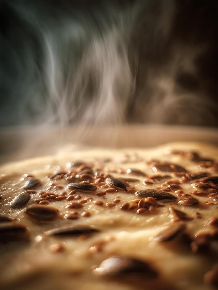 Steaming Hot Cereal with Seeds A Close Up Food Photograph. photo