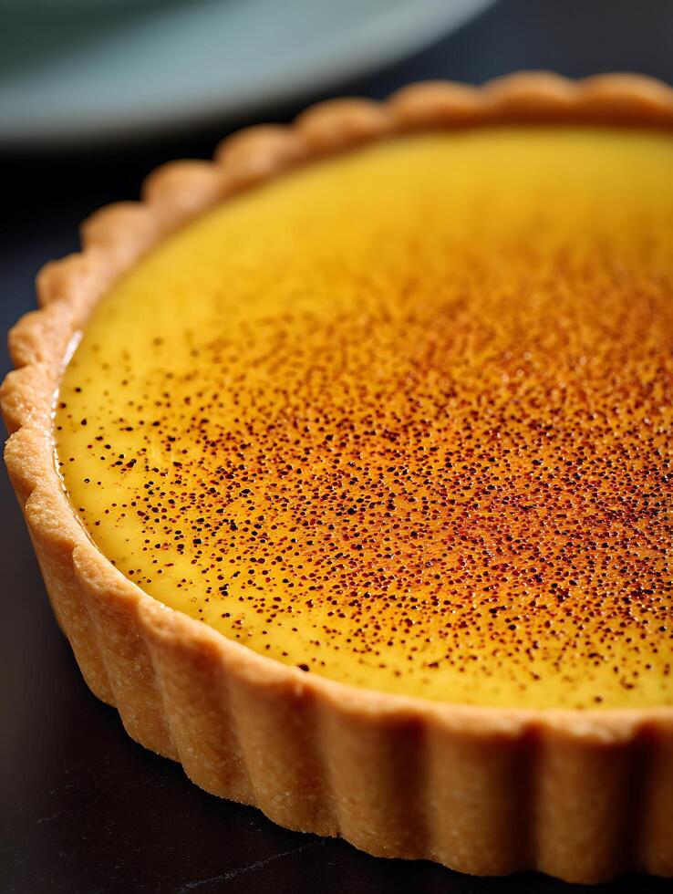 Close Up of a Golden Custard Tart with a Caramelized Sugar Topping. photo