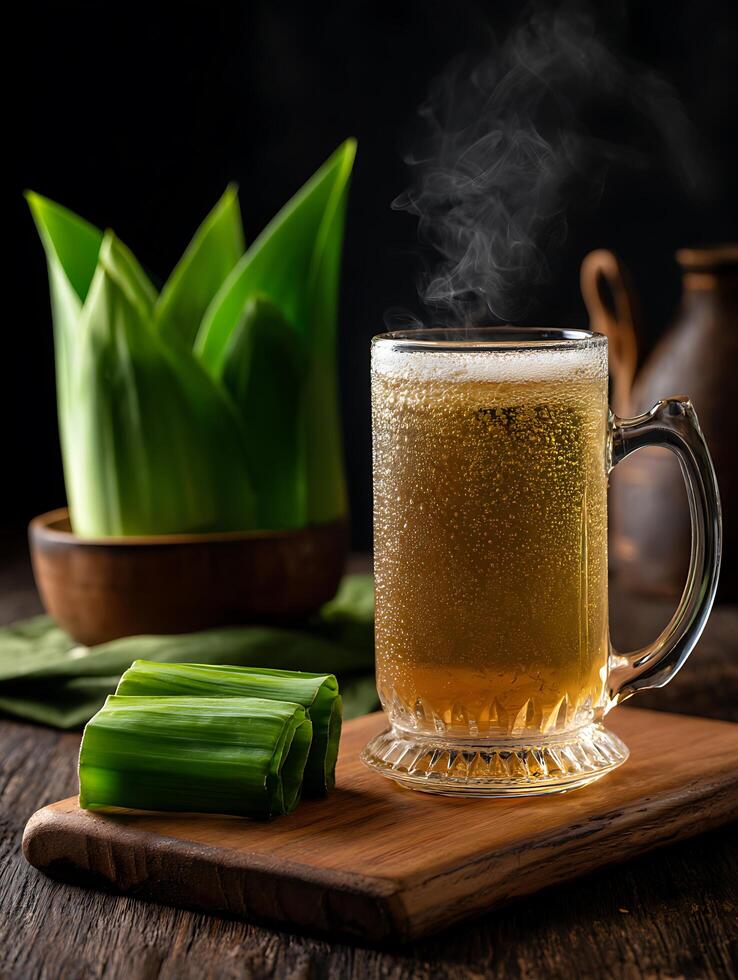Steaming Mug of Pandan Tea on Wooden Board with Fresh Pandan Leaves. photo