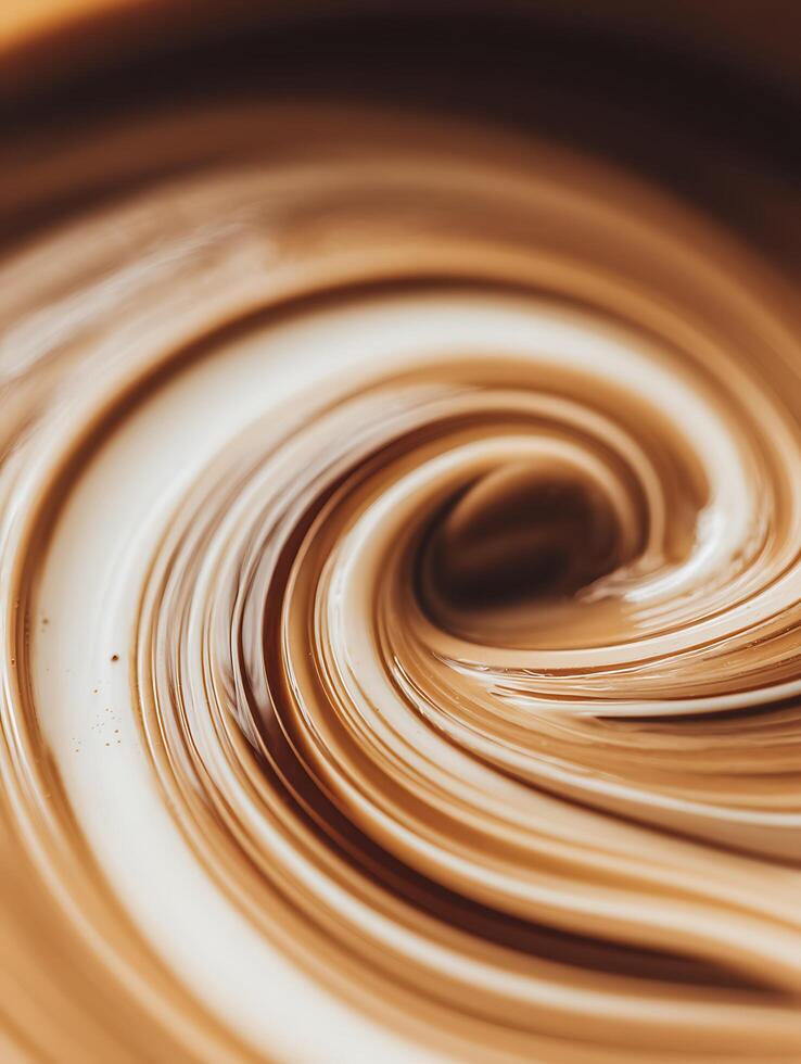 Abstract Swirling Cream and Coffee Mix Close Up. A Detailed Macro Image of a Creamy Coffee Blend. photo