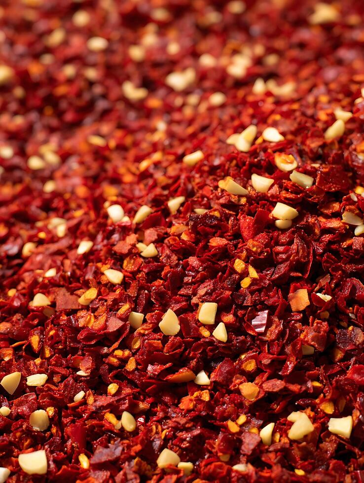 Close Up of Red Pepper Flakes and Garlic Pieces. A Detailed Texture Image of Spicy Seasoning. photo