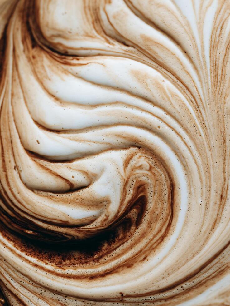 Abstract Swirled Cream and Coffee Texture, Close Up Food Photography. photo
